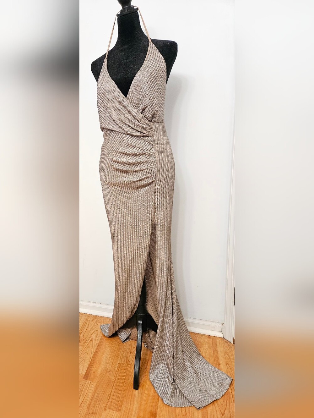 Metallic Taupe Ribbed Halter Evening Gown